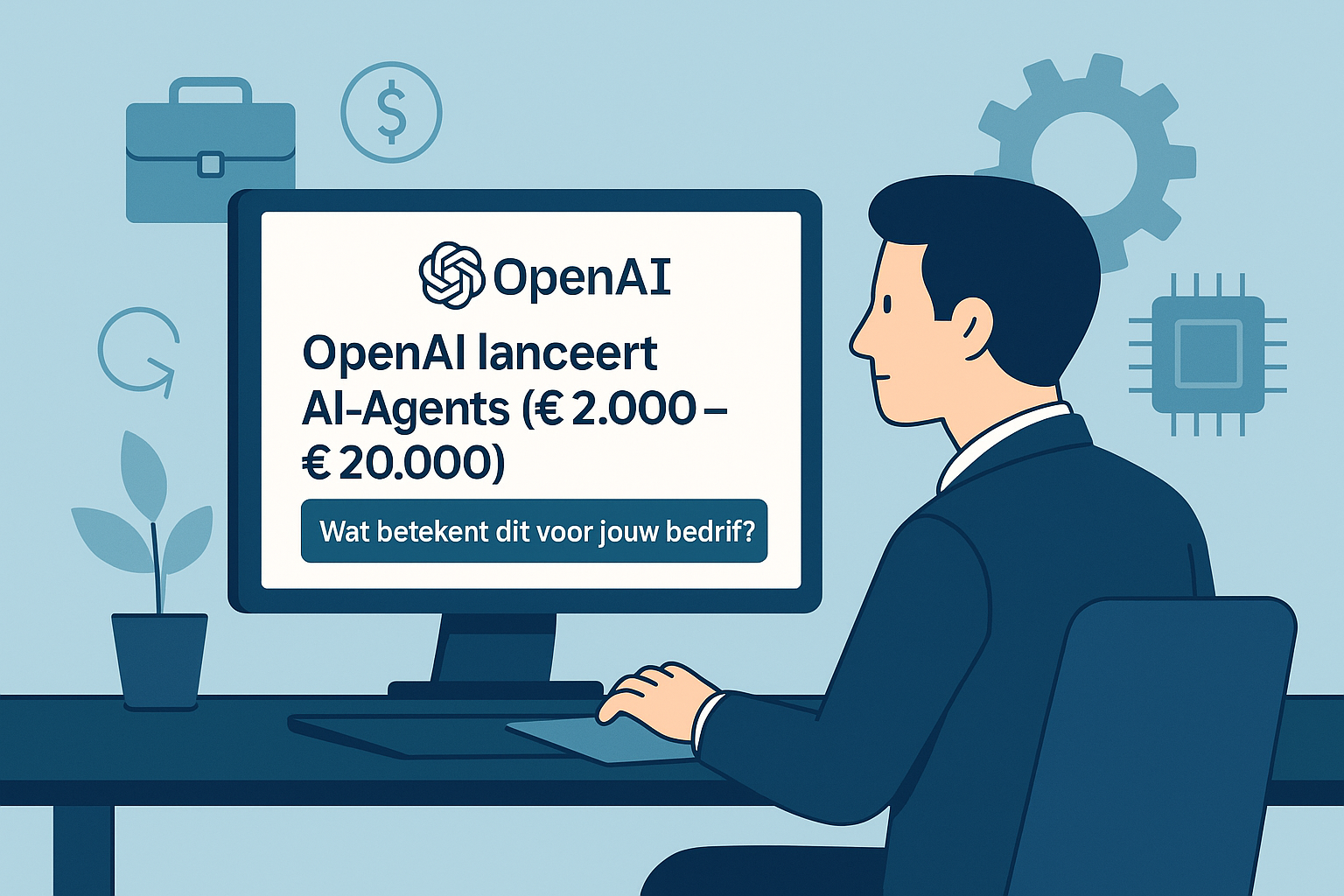 Illustratie van een man in een kantooromgeving die op een computerscherm leest over de lancering van OpenAI AI-Agents (€2.000–€20.000), met zakelijke en technologische iconen op de achtergrond.