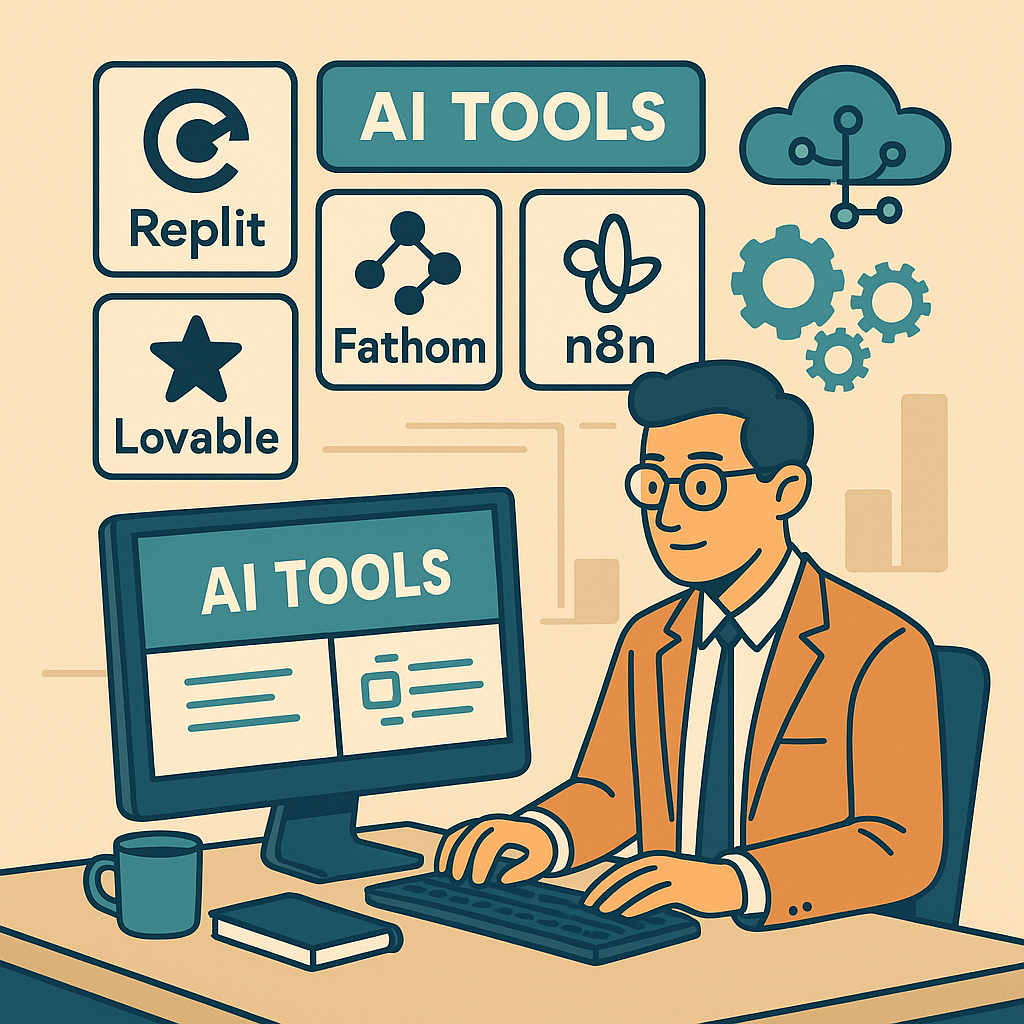 Cartooneske illustratie van een professional achter een bureau met op het scherm "AI Tools" en iconen van Replit, Fathom, Lovable en n8n, omringd door zakelijke en technologische elementen.