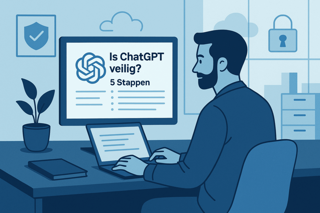 Illustratie van een man achter een bureau die het artikel “Is ChatGPT veilig? 5 Stappen” leest op een computerscherm, met beveiligingsiconen op de achtergrond.