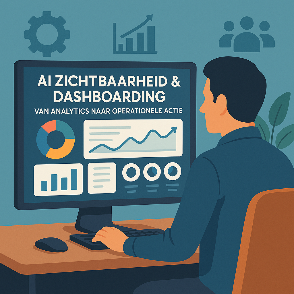 Illustratie van een professional die een computerscherm bekijkt met AI-dashboardgrafieken en de titel “AI Zichtbaarheid & Dashboarding – van analytics naar operationele actie”, omringd door zakelijke iconen.